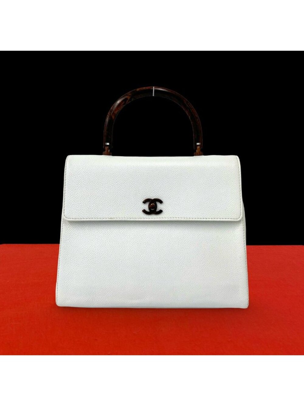 Chanel Vintage CC Logo Caviar Leather Handbag Mini Tote White